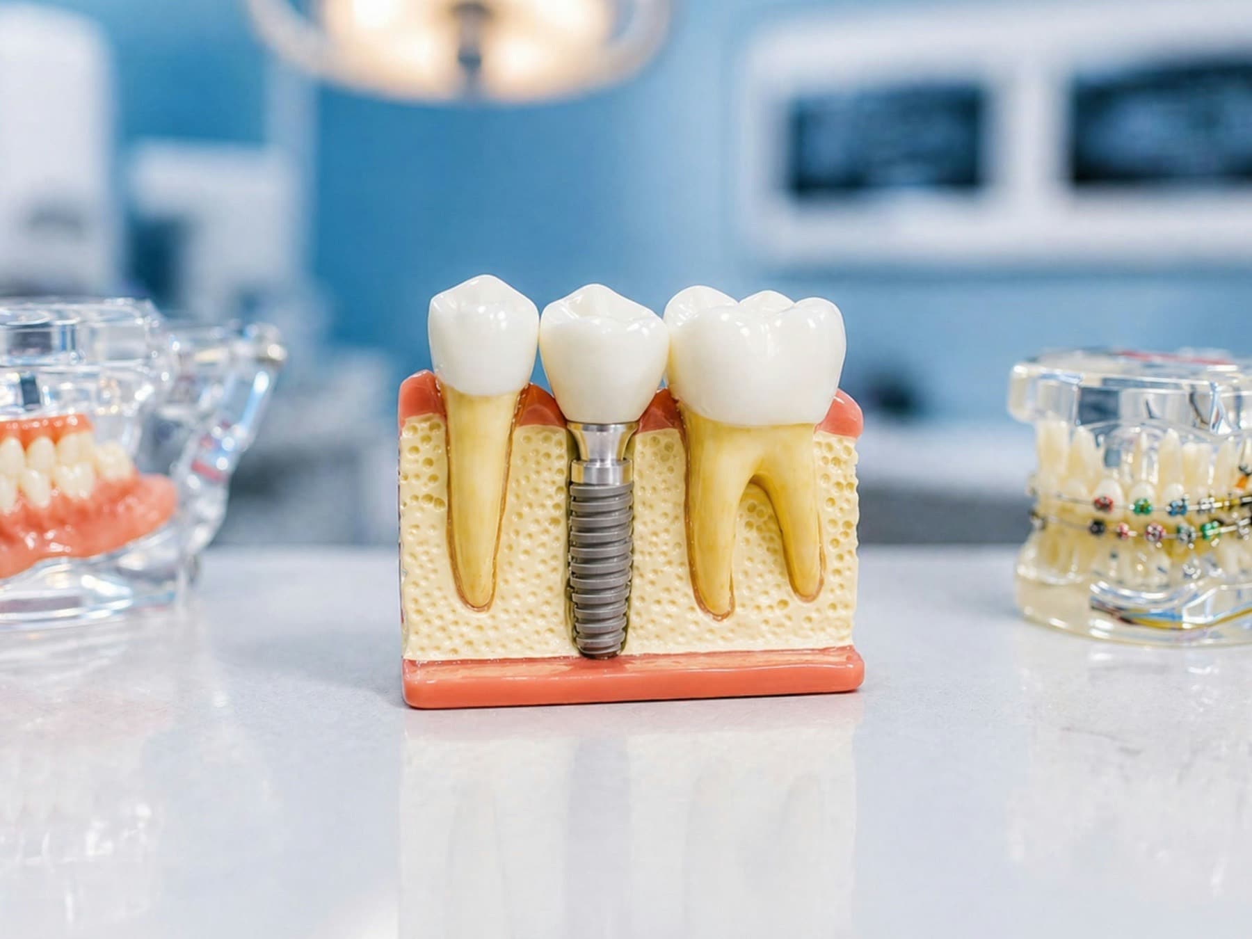 A teaching model of a dental implant with a crown, set between two natural teeth